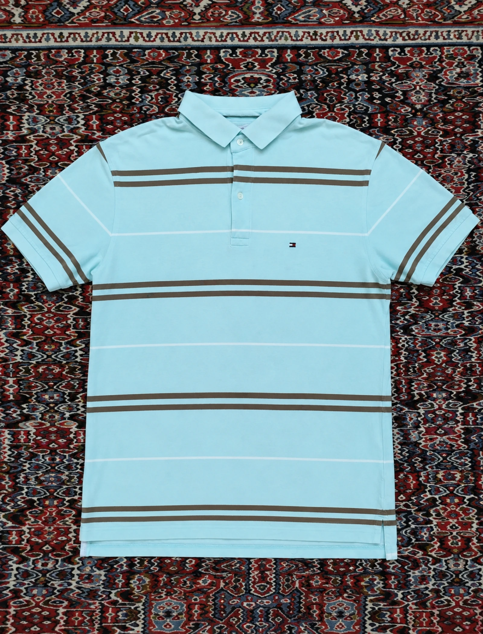 Tommy Hilfiger Polo Homme Rayé Bleu Ciel Marron Taille L Vintage Casual Old Money